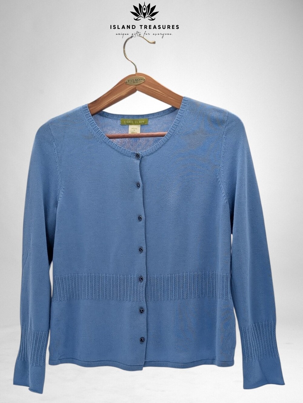 NWT Sigrid Olsen Sz Medium Petite Soft Silk Angora Cardigan Blue Crystal Buttons - Picture 11 of 16